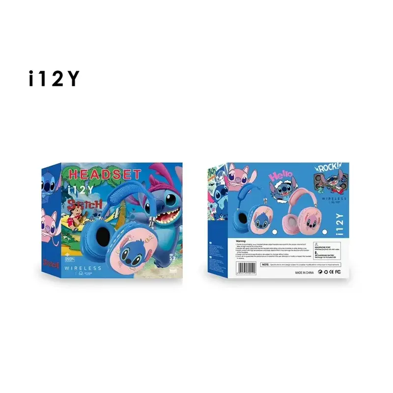Disney Stitch Blue and pink Wireless Bluetooth Kids Headphones i12Y HIFI Stereo Sound Headsets with Mic Kids Gifts Anime Cartoon