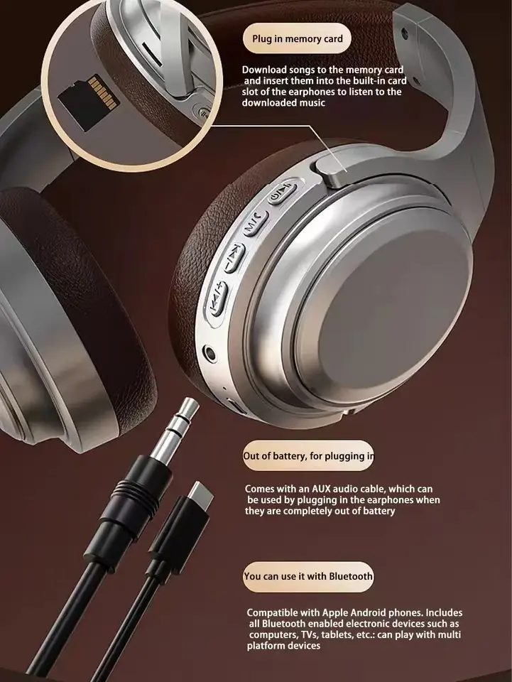 2025 Classic Metal Design Wireless Bluetooth Headphones HIFI Stereo Headsets Gamer Earphones TF/AUX Music Player Noise Reduction