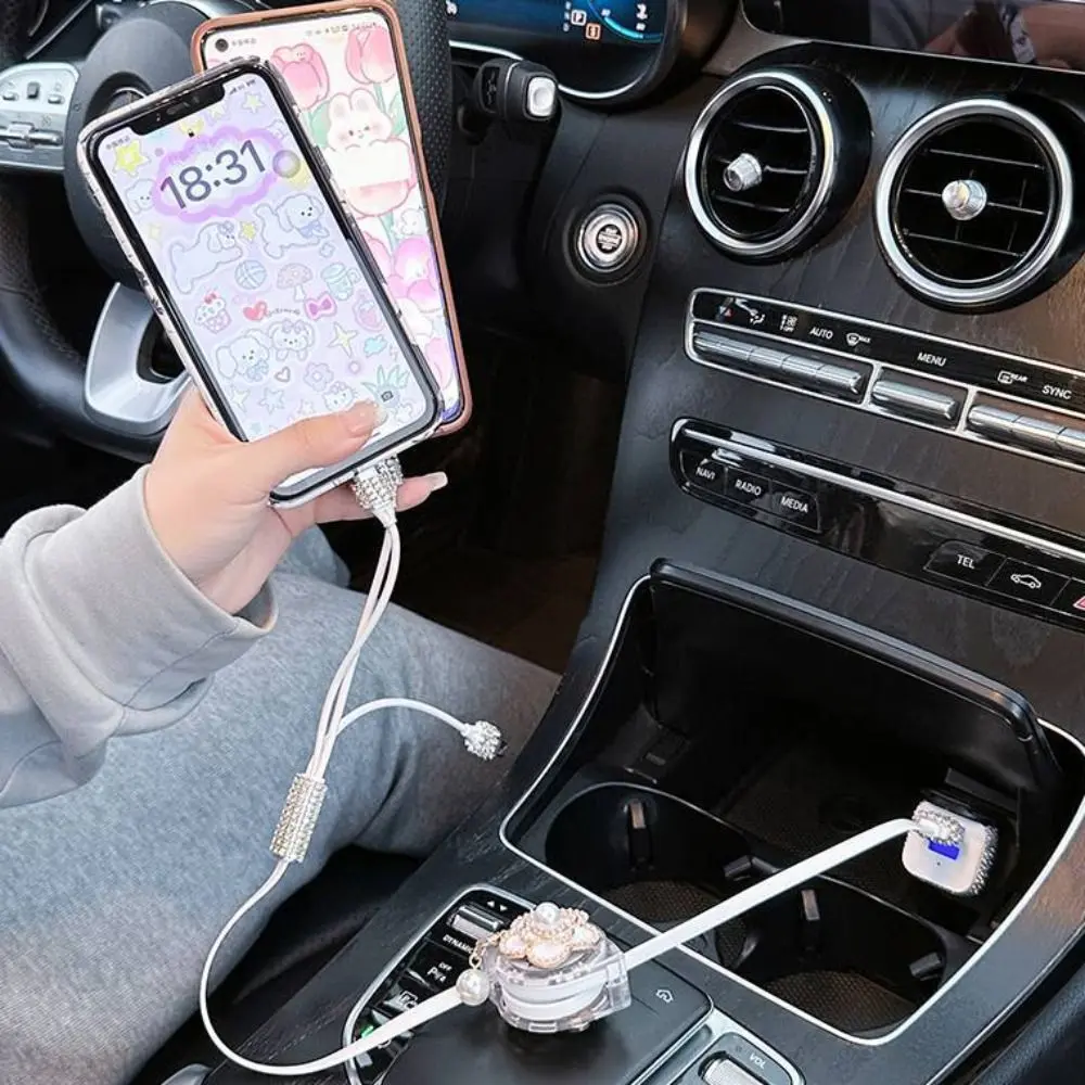 Retractable 3 in 1 Car Charger Car Charger Rhinestone 3 in1 USB Charger Cable Cute 3 in 1 3 in1 Fast Charger Cord Women