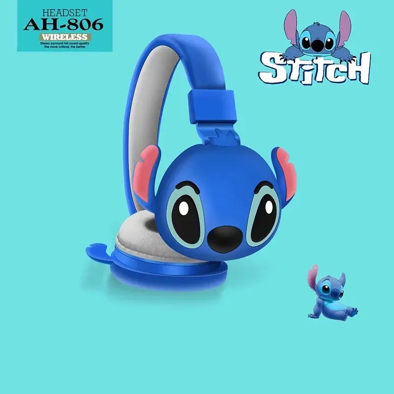 New Disney Stitch Wireless Bluetooth Headphones AH-806 HIFI Stereo Sound Foldable Headsets with Mic Anime Cartoon Children Gift