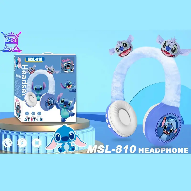 MSL-810 Disney Stitch Wireless Bluetooth Headphones MSL-810 HIFI Stereo Sound Plush Headsets with Mic Kids Gifts Anime Cartoon