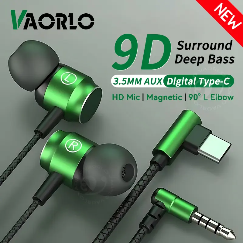 90° L Elbow Metal Magnetic Game Headsets 3.5MM AUX/Digital Type-C 9D Surround HIFI Heavy Bass Music Earbuds With Mic For Android