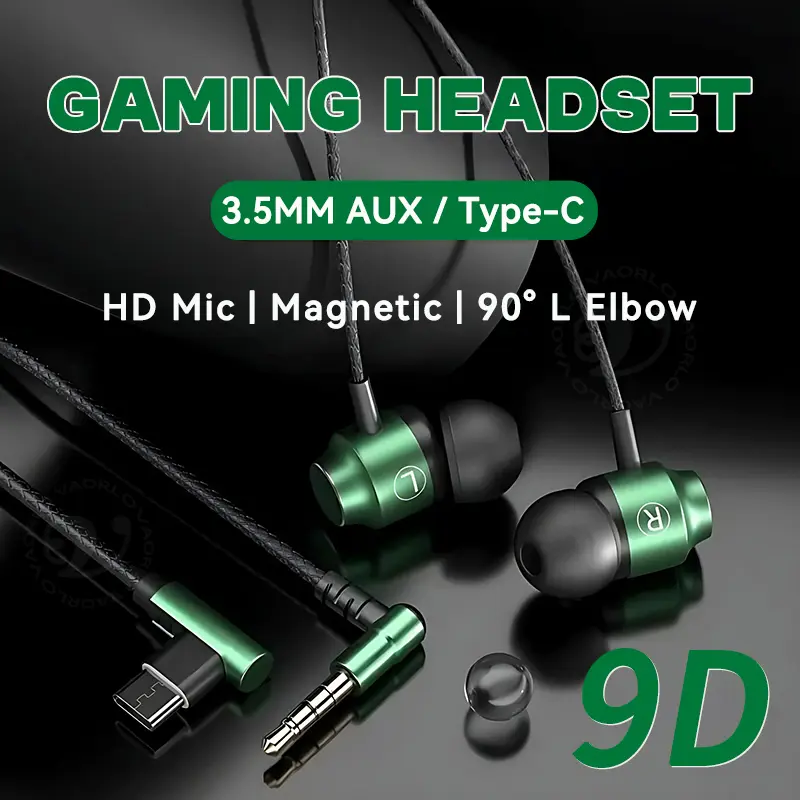 90° L Elbow Metal Magnetic Game Headsets 3.5MM AUX/Digital Type-C 9D Surround HIFI Heavy Bass Music Earbuds With Mic For Android