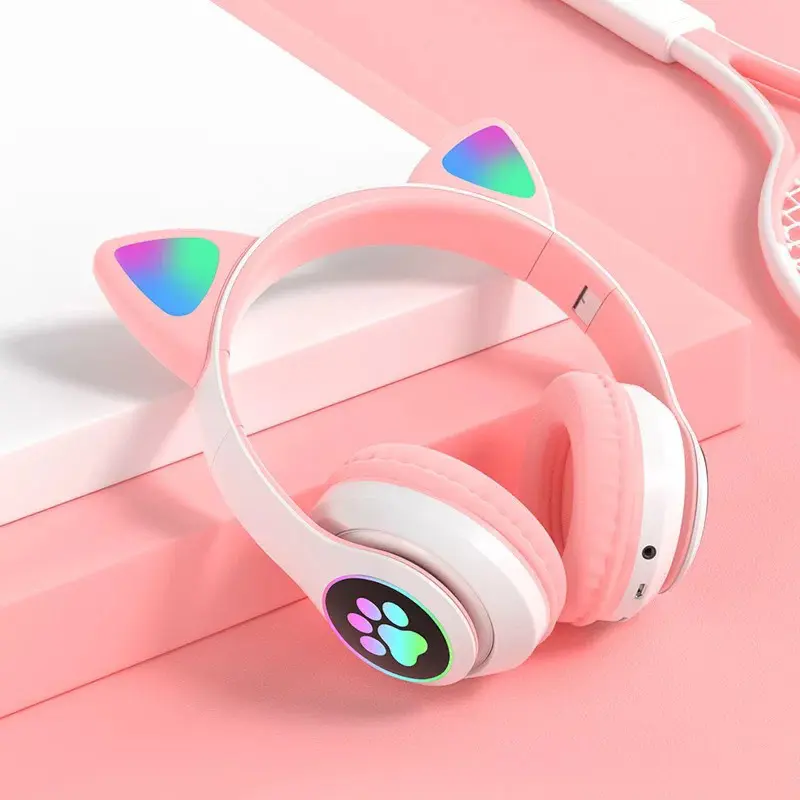 P47M Wireless Headphone Flash Light Cute Cat Bluetooth with Mic Control LED Stereo Music Helmet Phone Bluetooth Headset Gift