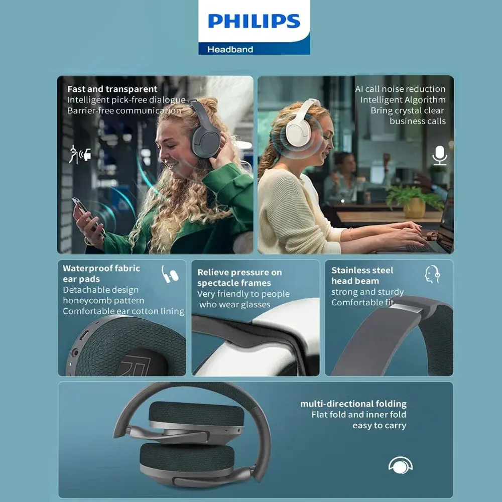 Philips TAH7508 Earphone Wireless Noise Canceling Pro Headset Hi-Res Stereo Long Battery Life Bluetooth 5.2 Sports Run Headphone
