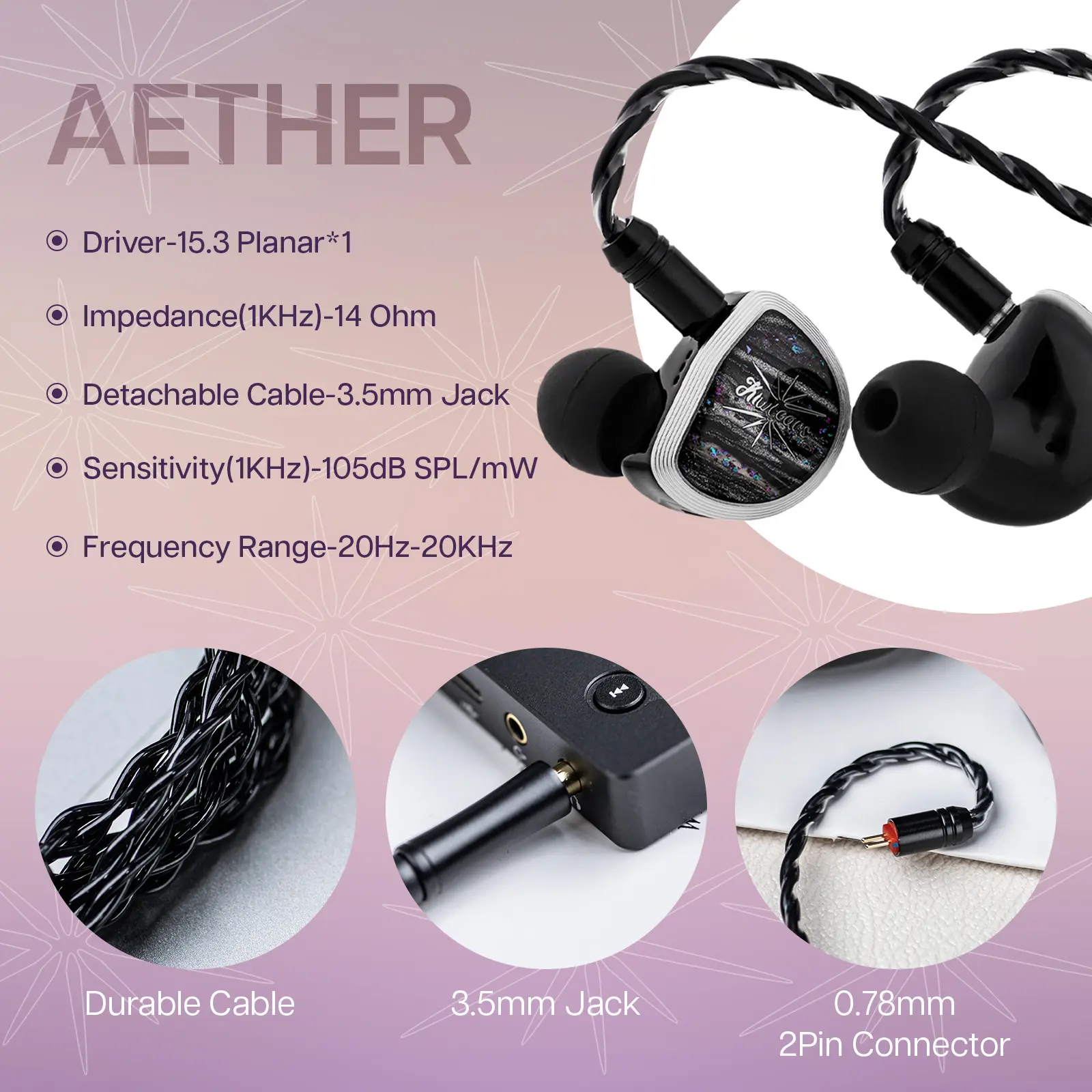 Kiwi Ears Aether 15.3mm Large Planar Driver IEM Hifi Earphones with Detachable Cable System for Gaming and Music Enthusiasts