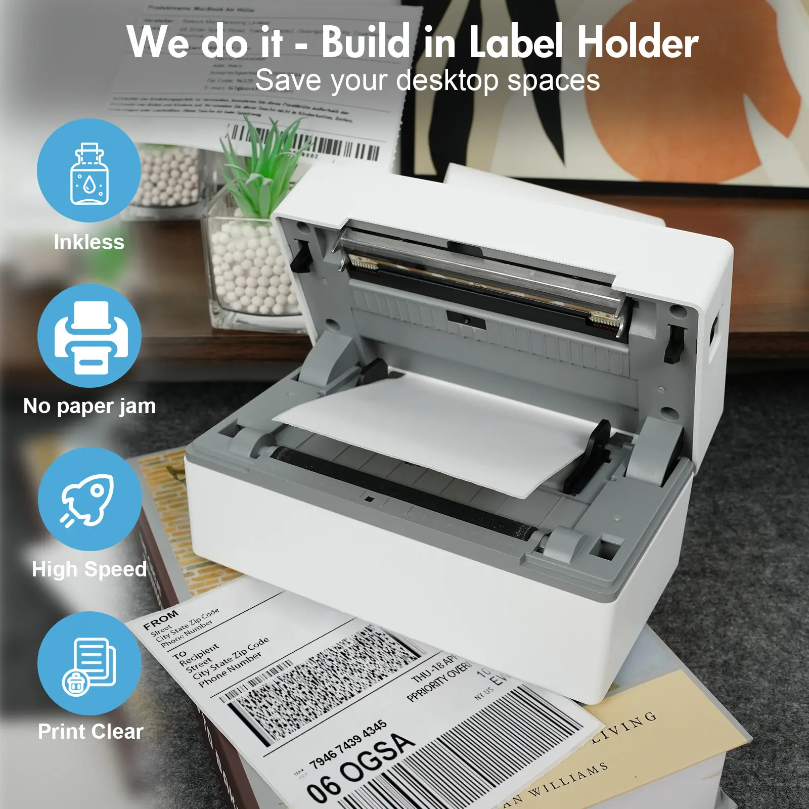 Thermal Label Printer Portable No Ink Required 300DPI 4x6 for Small Business WiFi Bluetooth USB High Speed Express Airway Bill