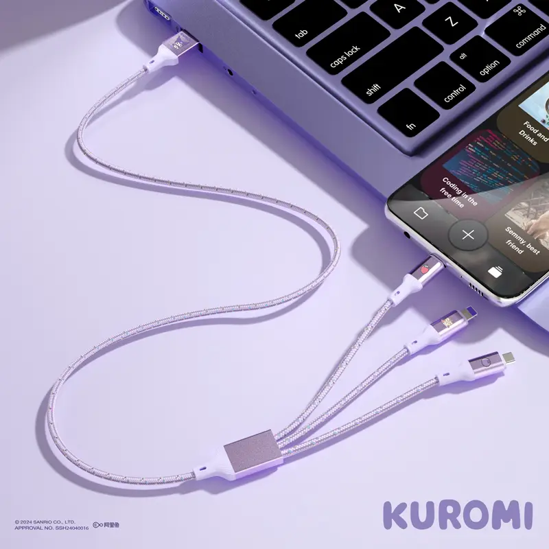 Kawaii Sanrio 3 in 1 Charging Cable Kuromi Melody Cinnamoroll Phone Data Cord 1.2M for iPhone 15 14 13 Sumsung