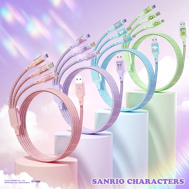 Kawaii Sanrio 3 in 1 Charging Cable Kuromi Melody Cinnamoroll Phone Data Cord 1.2M for iPhone 15 14 13 Sumsung