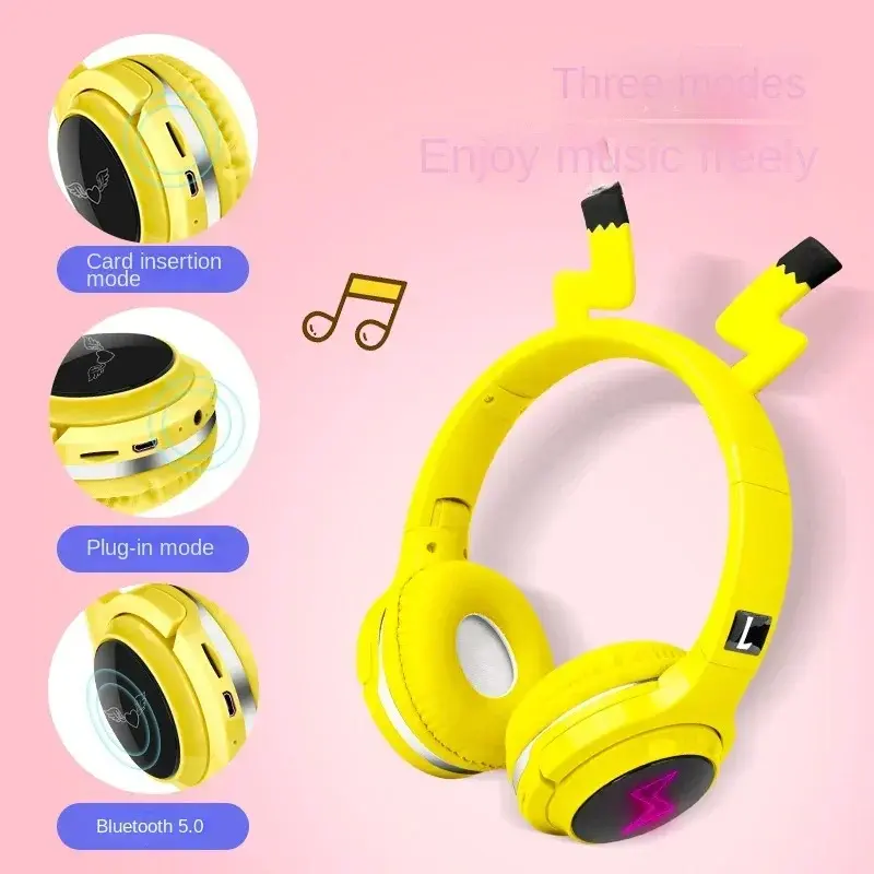 Bluetooth Pikachu Children's Headphone Wireless Neckband Headphones Cartoon Headset Music Earphones Live Stream Learning Earbuds