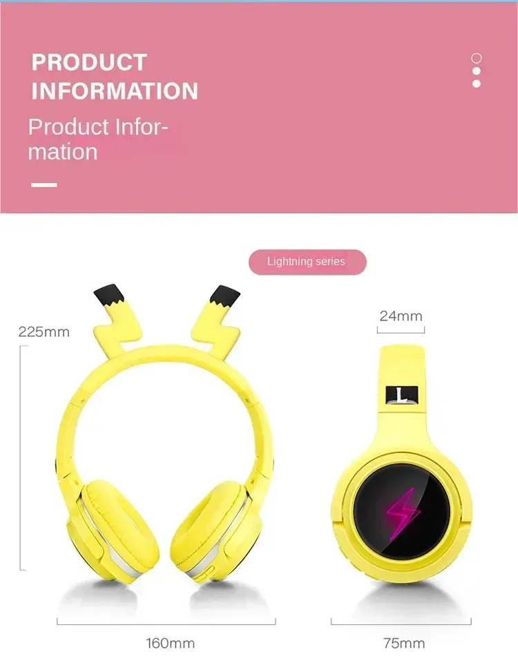 Bluetooth Pikachu Children's Headphone Wireless Neckband Headphones Cartoon Headset Music Earphones Live Stream Learning Earbuds