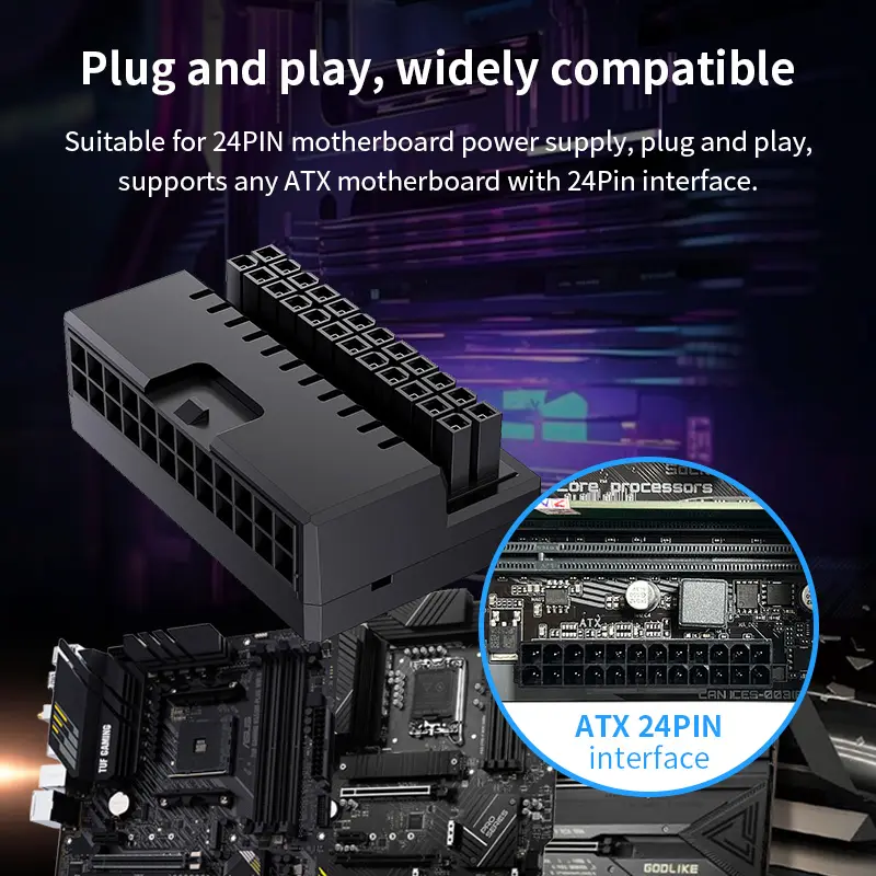 Teucer ATX 24Pin 90 Degree Motherboard Power Supply ARGB Cable Connector Plug Adapter DIY Mounting Accessessory for Desktops PC
