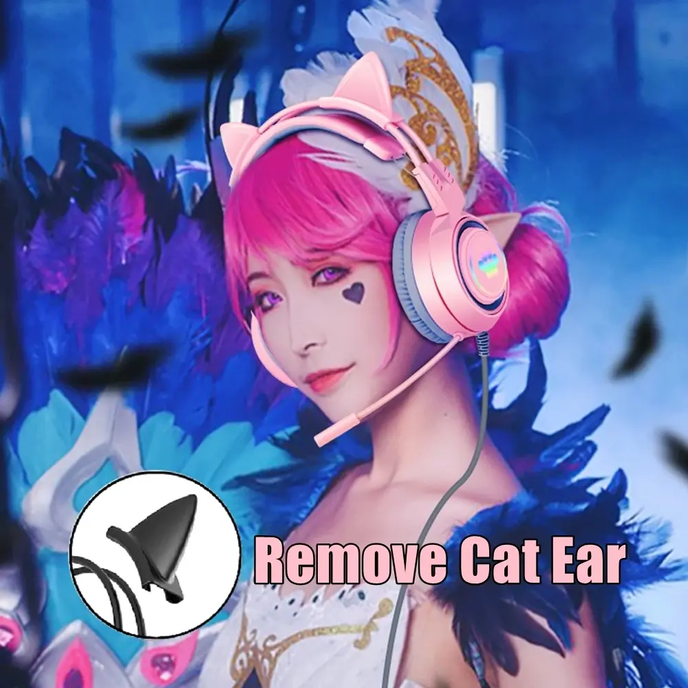 QearFun HiFi Stereo PC Headset Gamer Girls Pink Cat Headphones with Microphone RGB Light for PS4 Laptop Phone Wired Earphone
