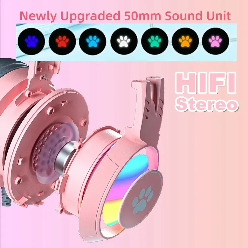 QearFun HiFi Stereo PC Headset Gamer Girls Pink Cat Headphones with Microphone RGB Light for PS4 Laptop Phone Wired Earphone