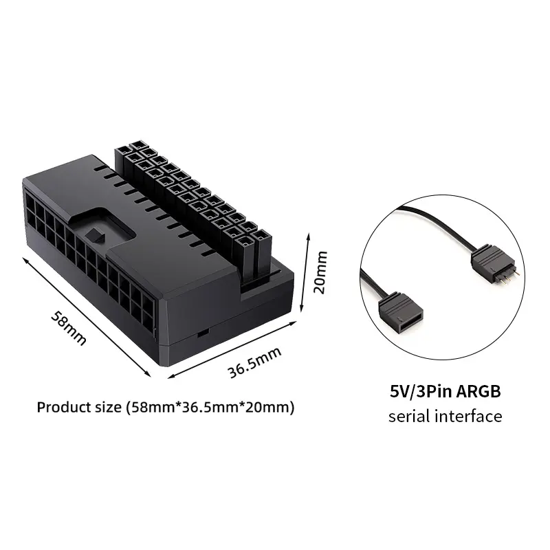 Teucer ATX 24Pin 90 Degree Motherboard Power Supply ARGB Cable Connector Plug Adapter DIY Mounting Accessessory for Desktops PC