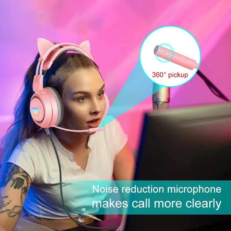 QearFun HiFi Stereo PC Headset Gamer Girls Pink Cat Headphones with Microphone RGB Light for PS4 Laptop Phone Wired Earphone
