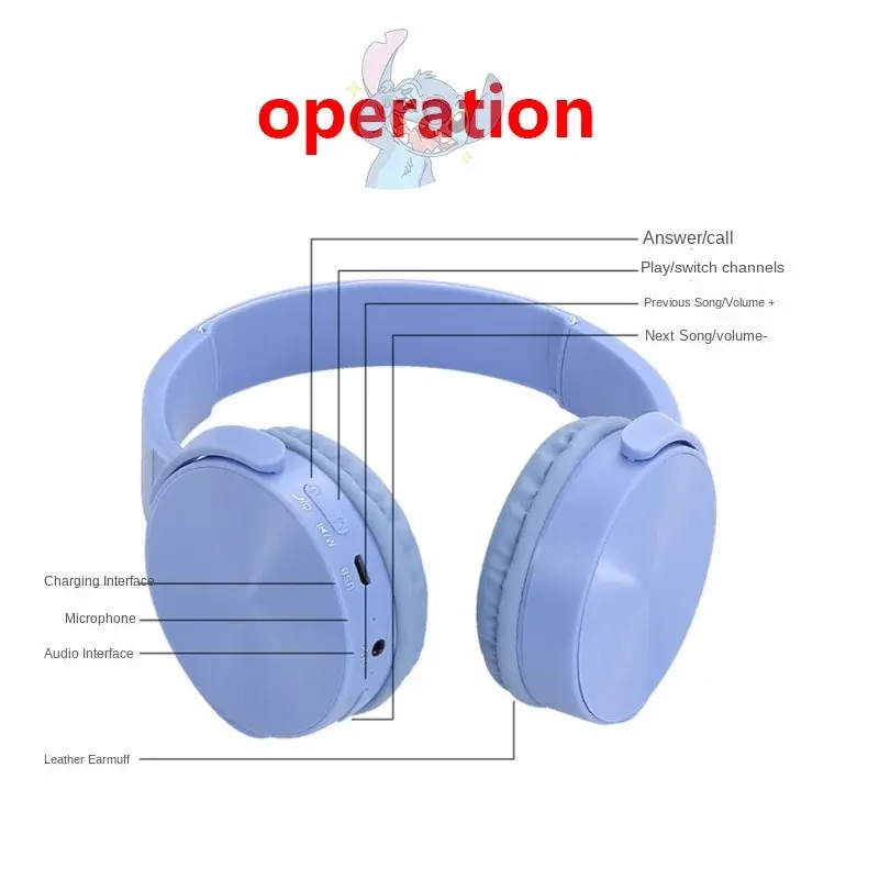 Disney Stitch Wireless Bluetooth Headphones AH-9906 HIFI Sound Stereo Foldable Headsets with Mic for Children Anime Cartoon