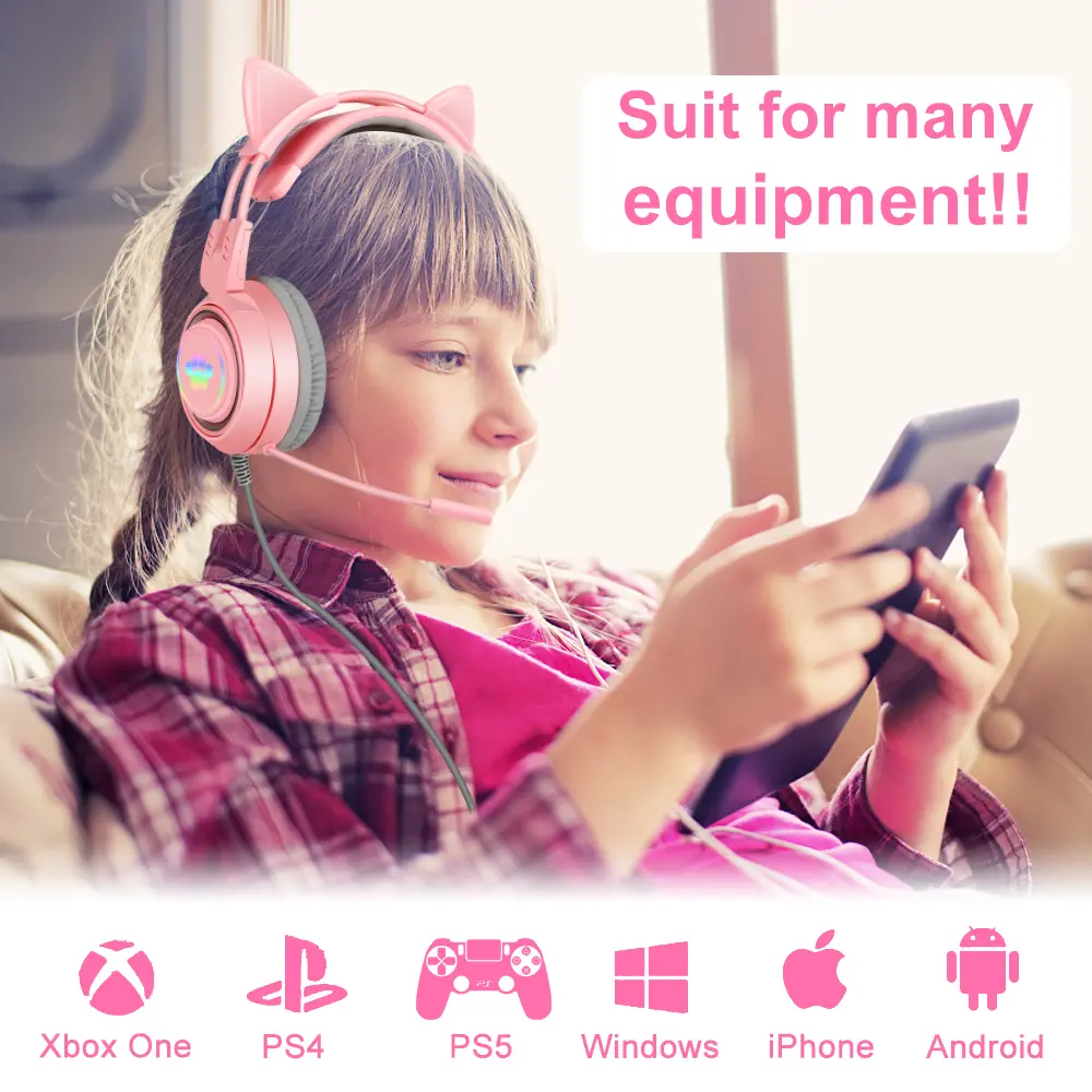 QearFun HiFi Stereo PC Headset Gamer Girls Pink Cat Headphones with Microphone RGB Light for PS4 Laptop Phone Wired Earphone