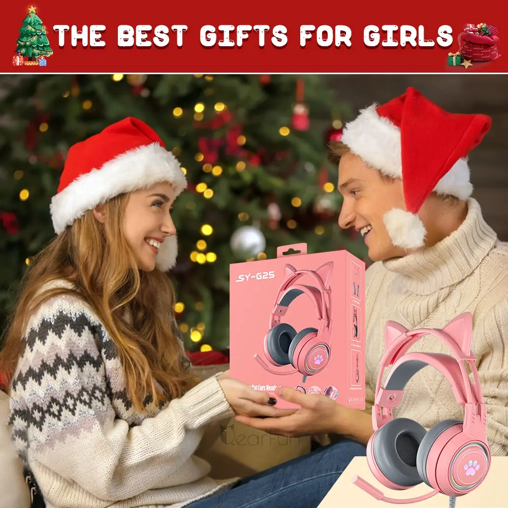 QearFun HiFi Stereo PC Headset Gamer Girls Pink Cat Headphones with Microphone RGB Light for PS4 Laptop Phone Wired Earphone