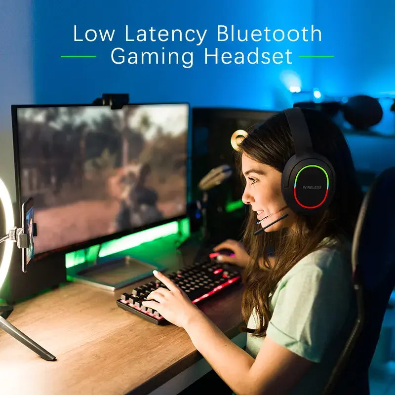 Wireless Headphones with MicroPhone Game Headset Blutooth 5.1 Gamer Surround Stereo Earphone Colourful Light PC Laptop Earpiece