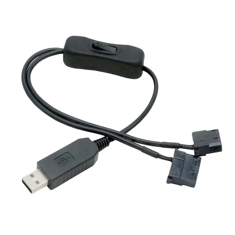 Full Speed 12V Step-Up USB Male to Dual 4-Pin Male PC Fan Connector, USB to 3Pin/4Pin Sleeved Power Adapter Cable with Switch