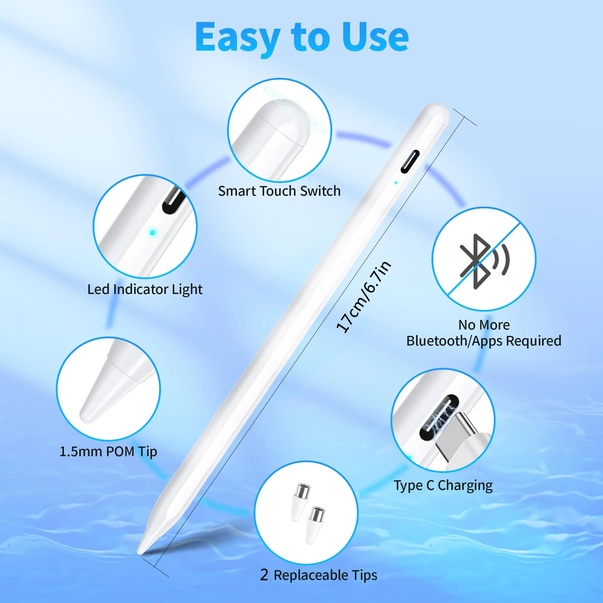 Stylus Pen for Android Tablet, Pom Tip Tablet Pencil for iOS/Android,Rechargeable Active Stylus Pen for iPhone/Samsung/XiaoMi