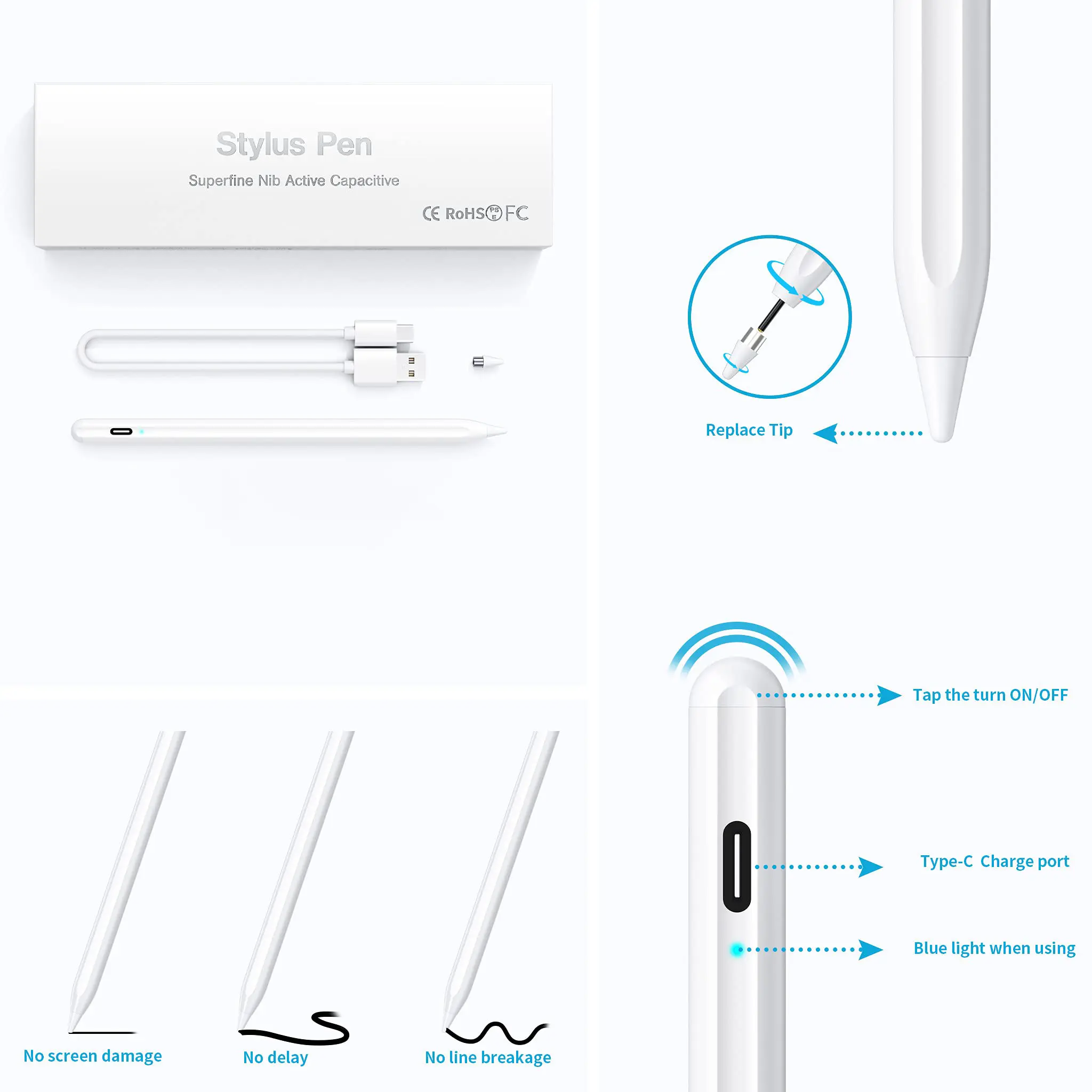 Stylus Pen for Android Tablet, Pom Tip Tablet Pencil for iOS/Android,Rechargeable Active Stylus Pen for iPhone/Samsung/XiaoMi