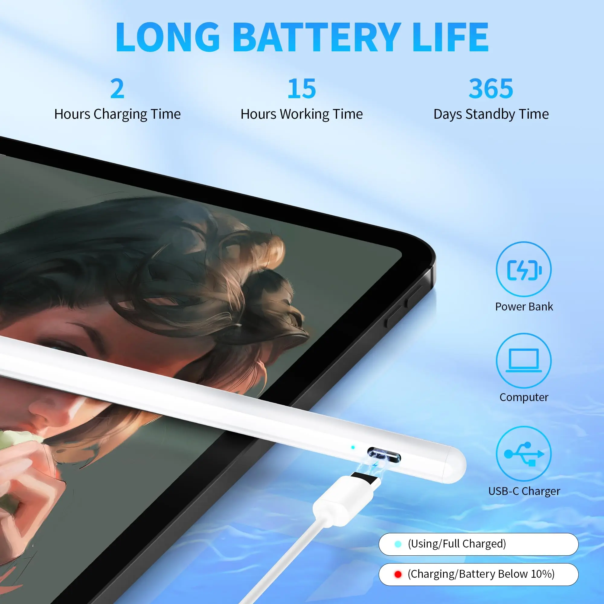 Stylus Pen for Android Tablet, Pom Tip Tablet Pencil for iOS/Android,Rechargeable Active Stylus Pen for iPhone/Samsung/XiaoMi