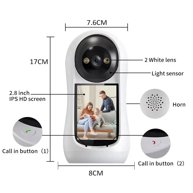 2.8 Inch Wifi Camera Vedio Baby Monitor 8MP Surveillance IP Camera IPS Screen Sound Detection HD Smart Home PTZ Security Cam