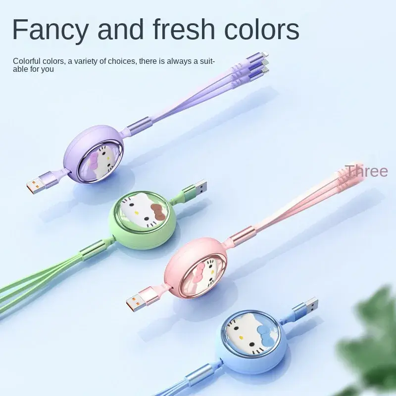 Sanrio Cute Hello Kitty Retractable Multiple 6A Fast USB Charging Cable 3 in 1 USB Charge Cable For iPhone Android