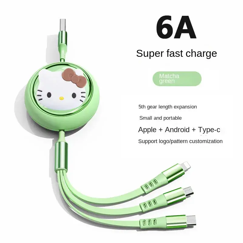 Sanrio Cute Hello Kitty Retractable Multiple 6A Fast USB Charging Cable 3 in 1 USB Charge Cable For iPhone Android