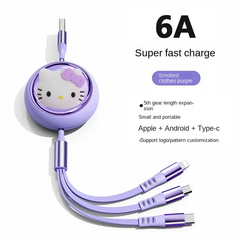Sanrio Cute Hello Kitty Retractable Multiple 6A Fast USB Charging Cable 3 in 1 USB Charge Cable For iPhone Android