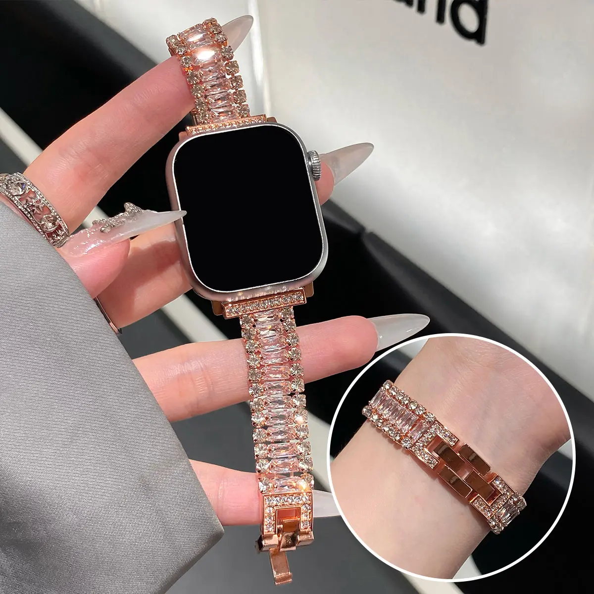 Three rows full diamond strap for Apple Watch 49mm Ultra 38-45mm 987-1 SE Stylish for Iwatch models high-end all-in-one strap