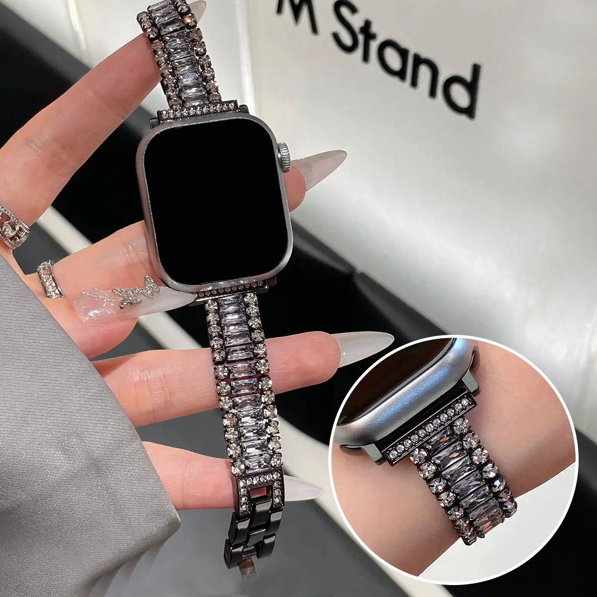 Three rows full diamond strap for Apple Watch 49mm Ultra 38-45mm 987-1 SE Stylish for Iwatch models high-end all-in-one strap