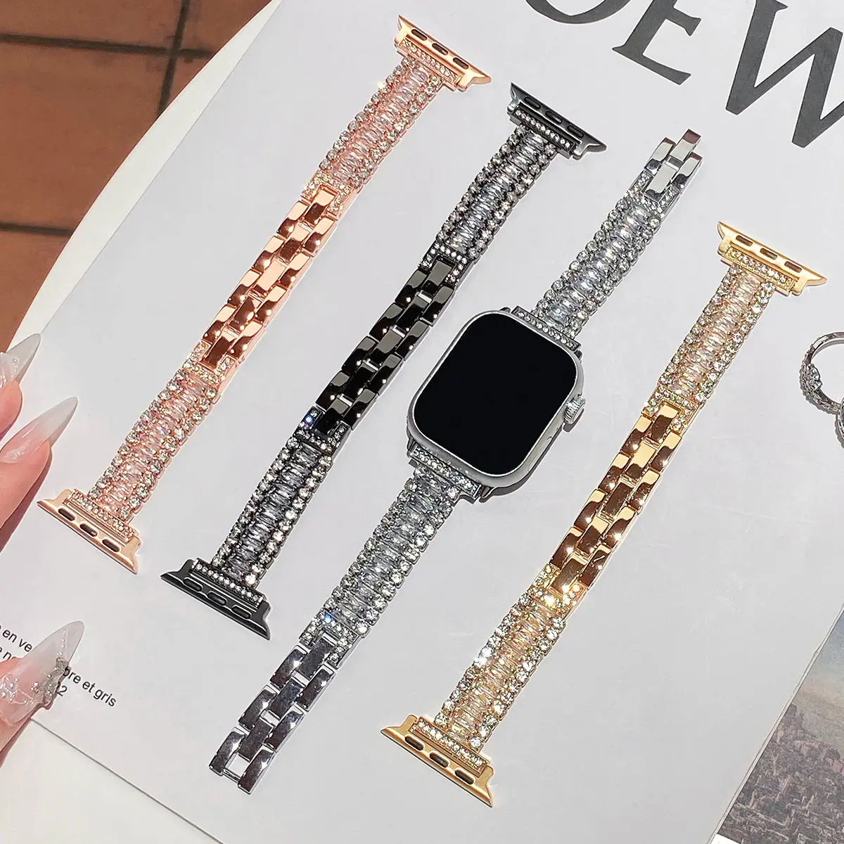 Three rows full diamond strap for Apple Watch 49mm Ultra 38-45mm 987-1 SE Stylish for Iwatch models high-end all-in-one strap