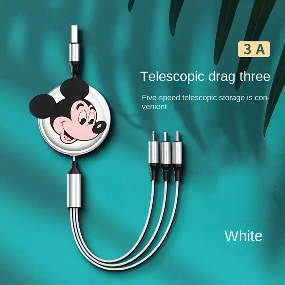 Disney Mickey Mouse 3 IN 1 Fast Car Charging Cable Data Cable Cute Animation Scalable USB Type C Charger Line for IPhone Android