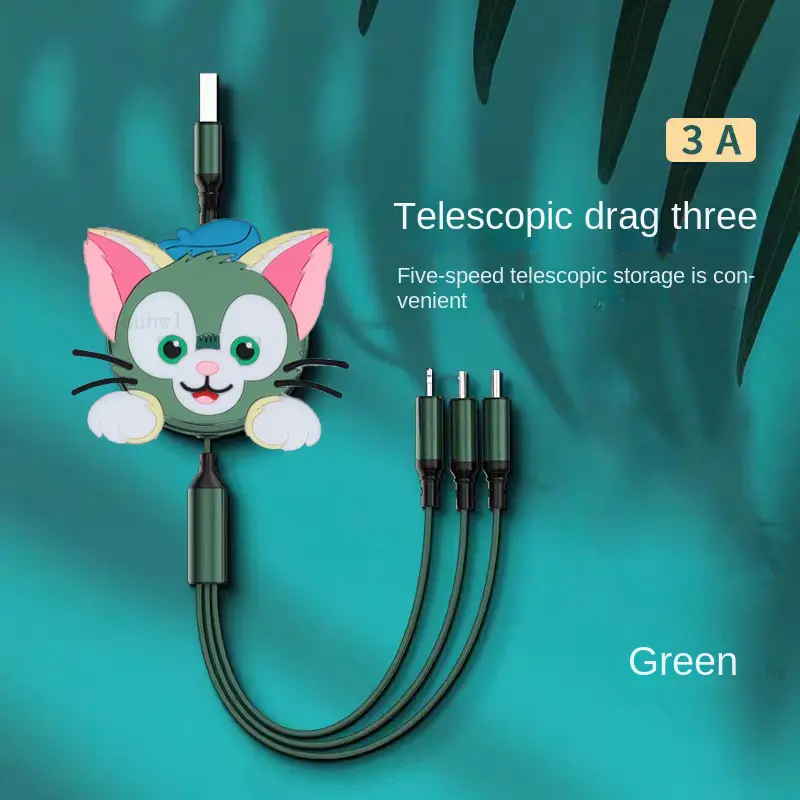 Disney Mickey Mouse 3 IN 1 Fast Car Charging Cable Data Cable Cute Animation Scalable USB Type C Charger Line for IPhone Android