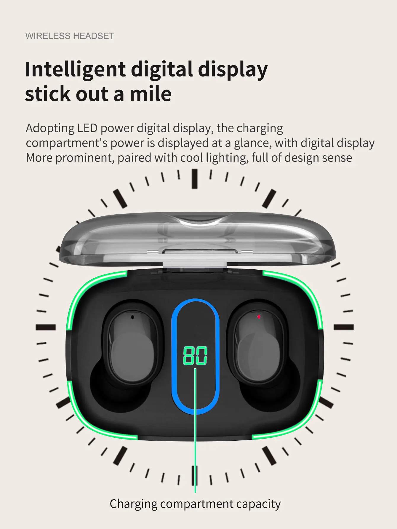 Wireless Bluetooth Headset Smart Digital Display Portable Power Display Bluetooth V5.3 Headset with Microphone
