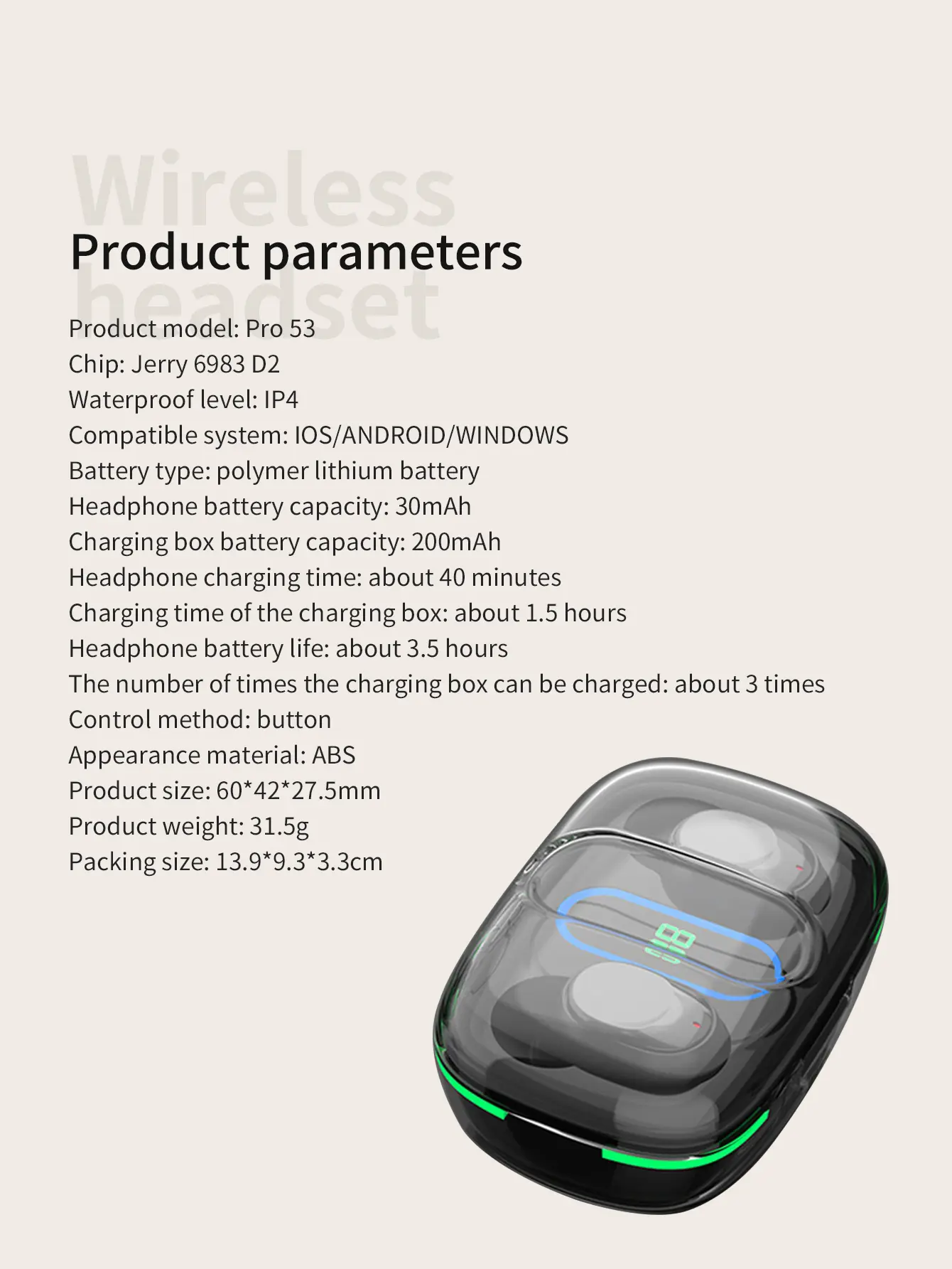 Wireless Bluetooth Headset Smart Digital Display Portable Power Display Bluetooth V5.3 Headset with Microphone