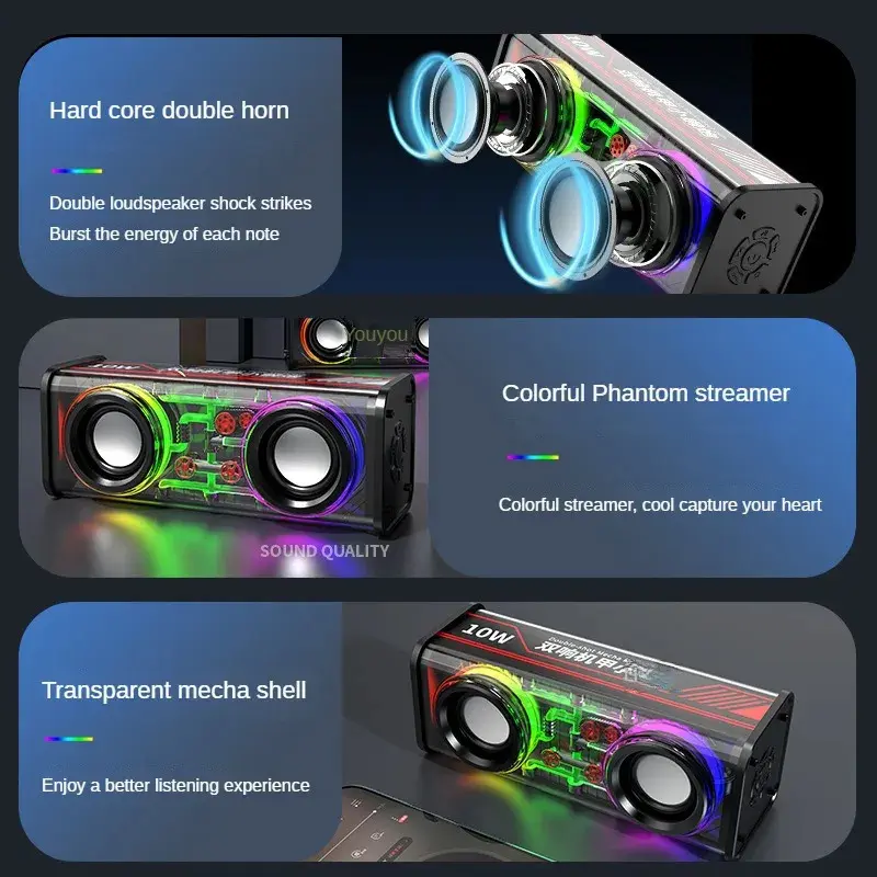 V8 Transparent Mecha Music Speakers BluetoothWireless 5.0 Bass Diaphragm Subwoofer TWS RGB Light Mini Party Loudspeaker