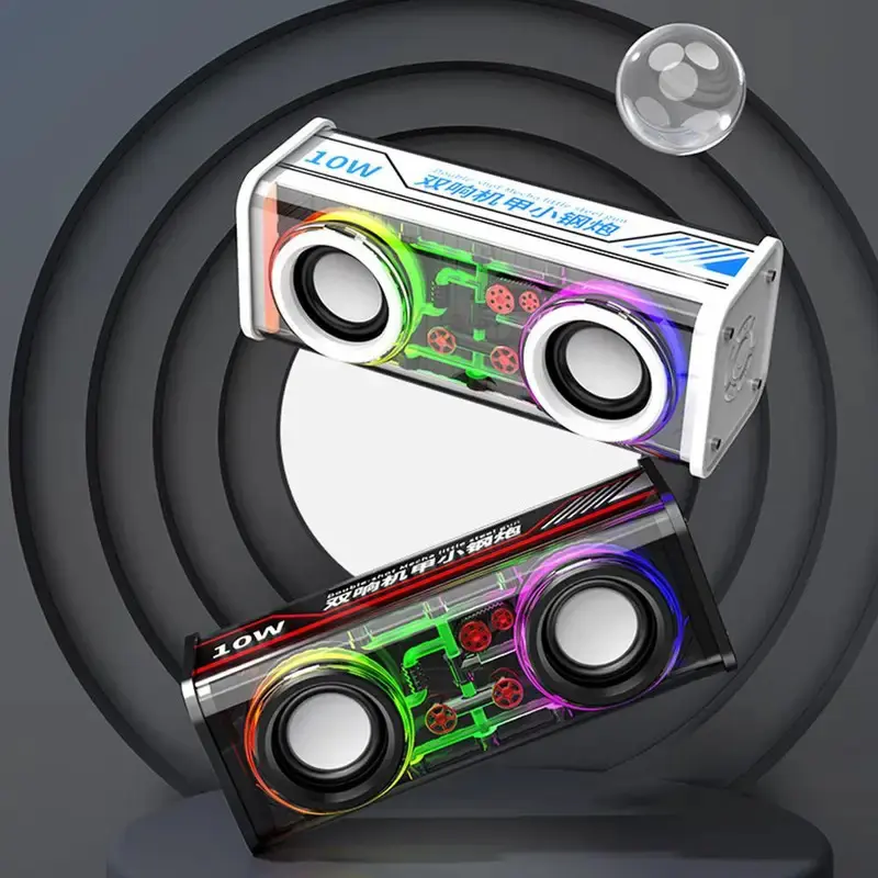 V8 Transparent Mecha Music Speakers BluetoothWireless 5.0 Bass Diaphragm Subwoofer TWS RGB Light Mini Party Loudspeaker