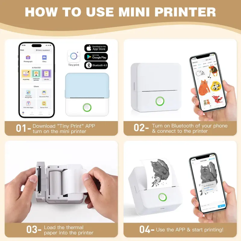 Mini sticker printer, inkless thermal printer with Rolls mini portable printer for student error title note pocke printing