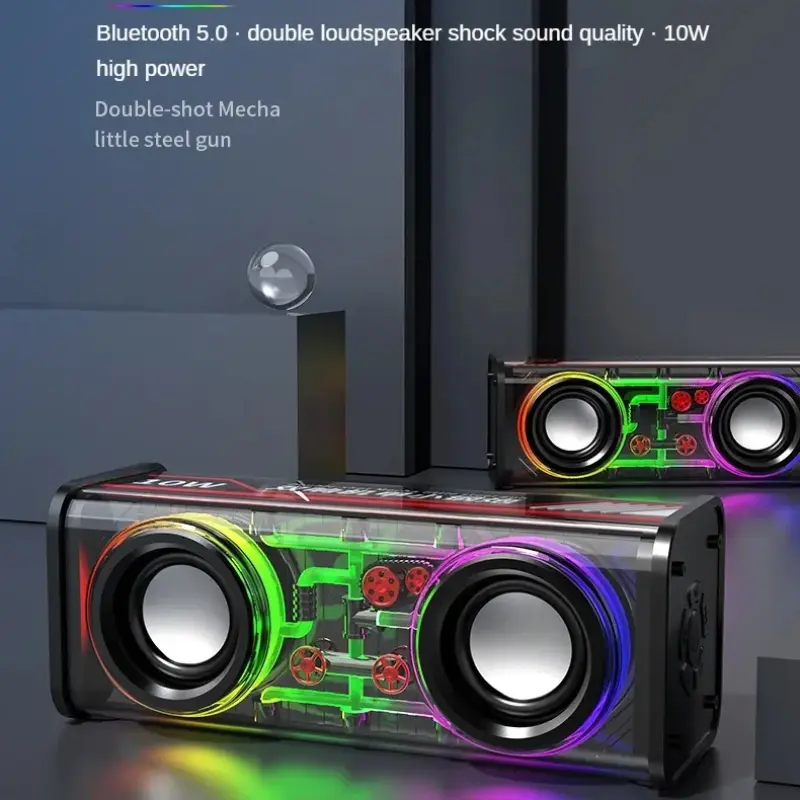 V8 Transparent Mecha Music Speakers BluetoothWireless 5.0 Bass Diaphragm Subwoofer TWS RGB Light Mini Party Loudspeaker