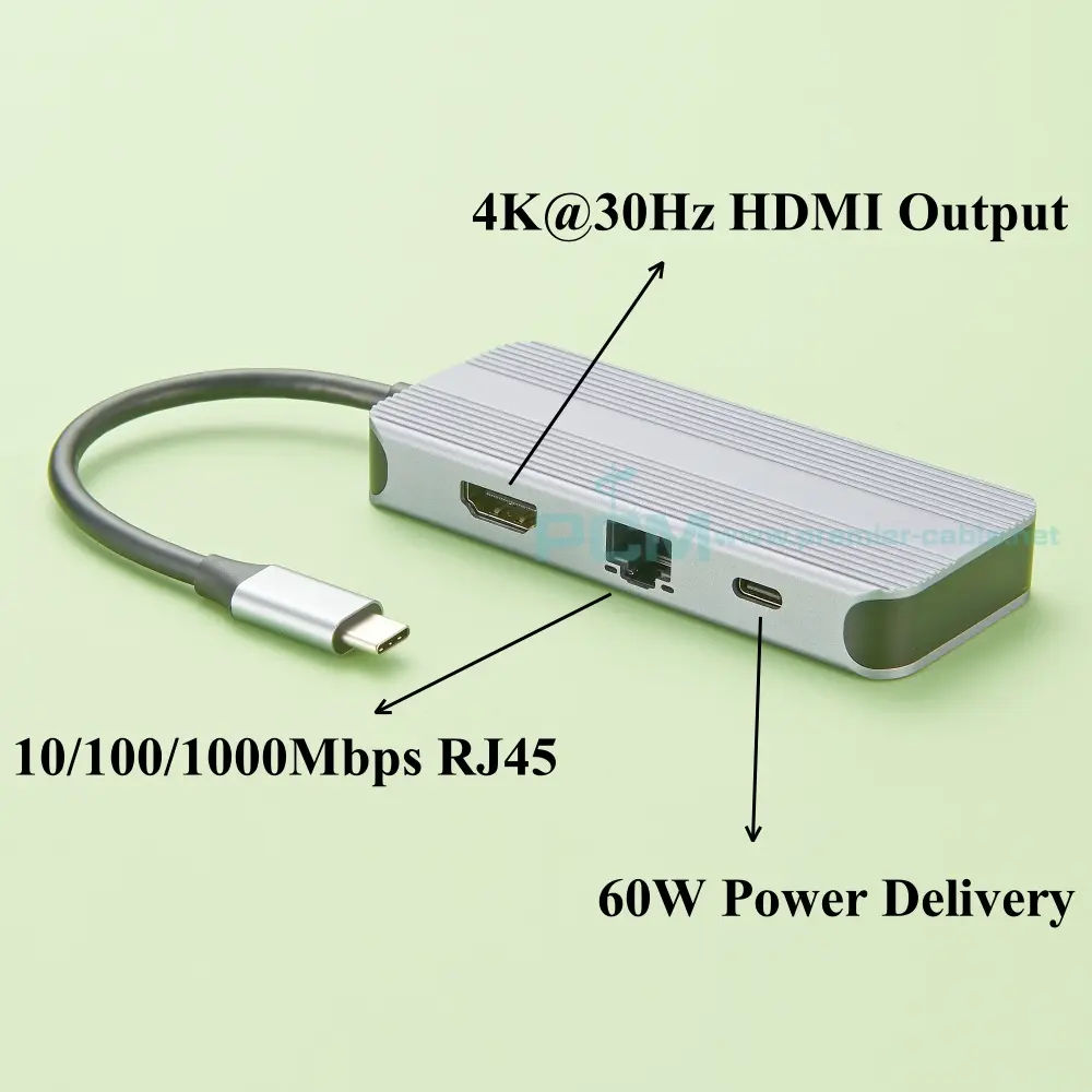 USB Type-C 6-Port Mini Docking Station, USB-C to 4K@30Hz HD Adapter Hub with 60W Power Delivery, RJ45 Ethernet, 3 USB 3.0 Port