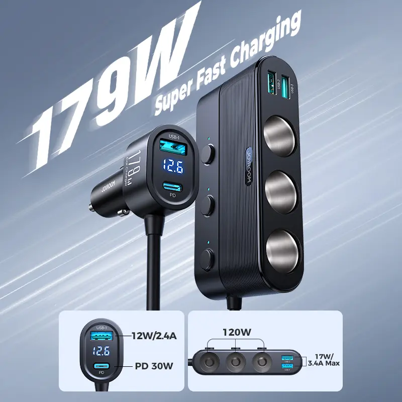 Joyroom 179W 7 in 1 Car Charger Adapter Fast PD QC3.0 Socket Cigarette Lighter Splitter Charge Independent Switches DC Outlet