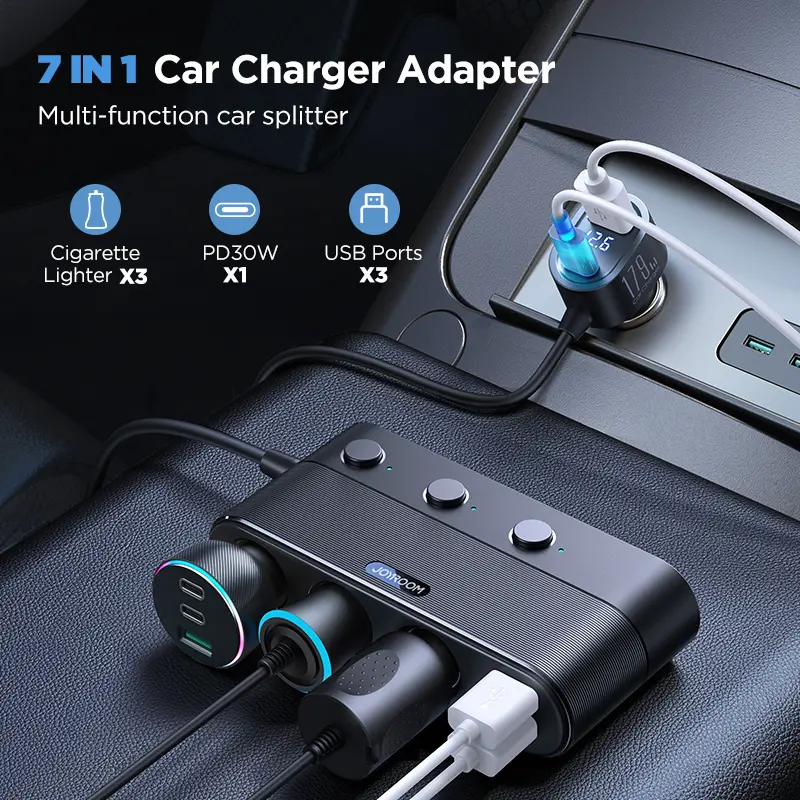 Joyroom 179W 7 in 1 Car Charger Adapter Fast PD QC3.0 Socket Cigarette Lighter Splitter Charge Independent Switches DC Outlet