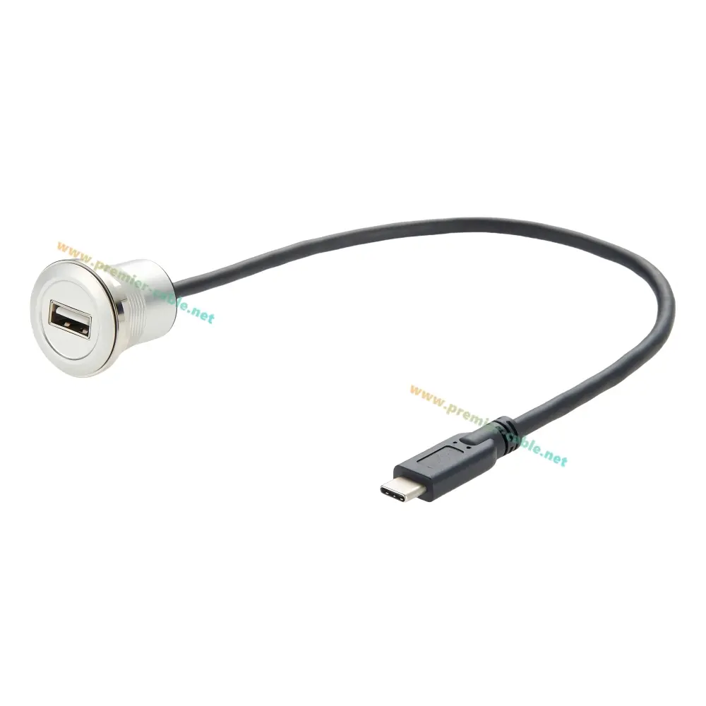 USB 3.1 Type-C Male to USB 2.0 A Female Flush Panel Mount Cable Threaded Type-A to USB C Extension Cord for Data Transfer/Charge
