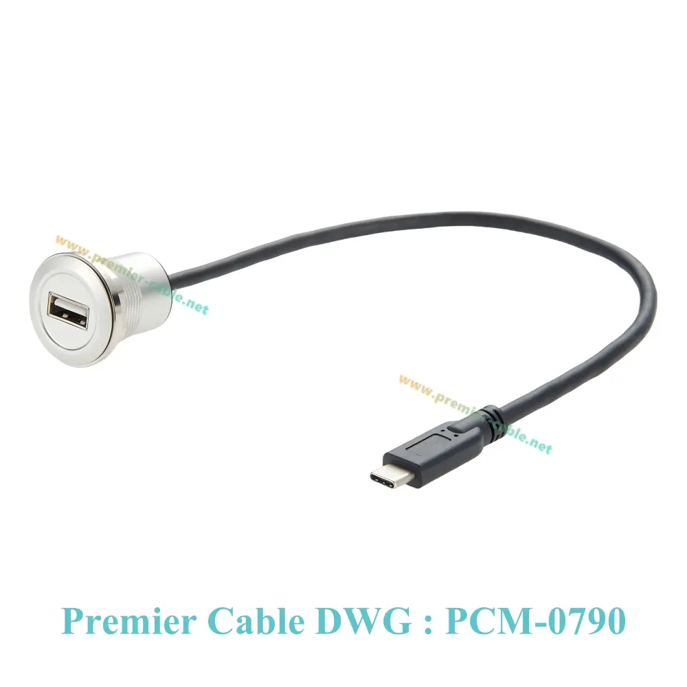USB 3.1 Type-C Male to USB 2.0 A Female Flush Panel Mount Cable Threaded Type-A to USB C Extension Cord for Data Transfer/Charge