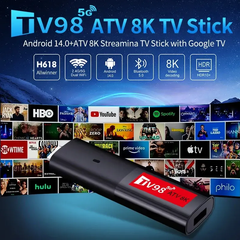 Mini TV Stick TV98 ATV Android 14 H618 2.4G 5G Wifi Support OTA 8K Media Player TV Receiver BT5.0 2GB 16GB Voice Remote TV Box