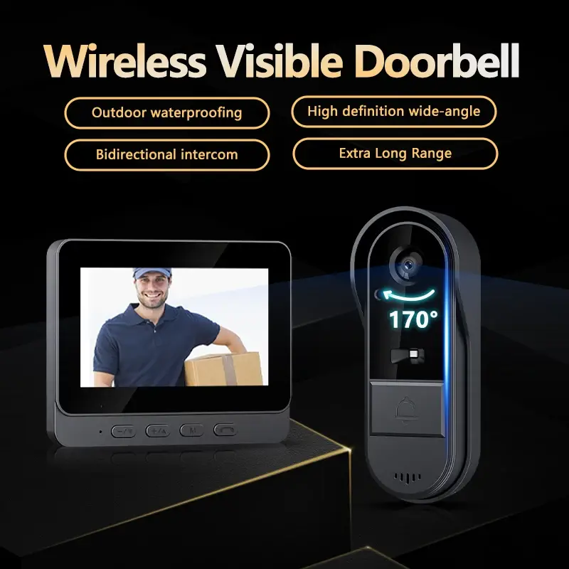 2.4G Wireless Waterproof Visual Doorbell IR Night Vision Door Bell HD 4.3inch IPS Screen Doorbell Camera For Home Apartment